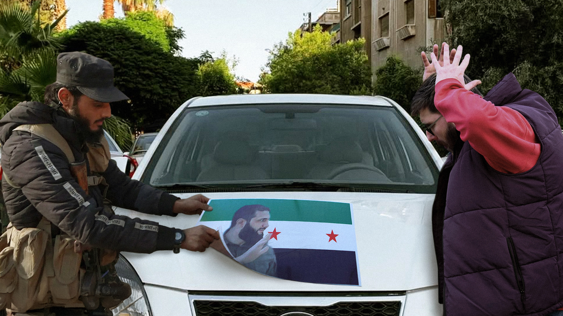 صورة شاب يهدّد الهيئة بإعادة صورة الأسد إلى سيارته إذا لم يسمحوا له بوضع صورة الجولاني