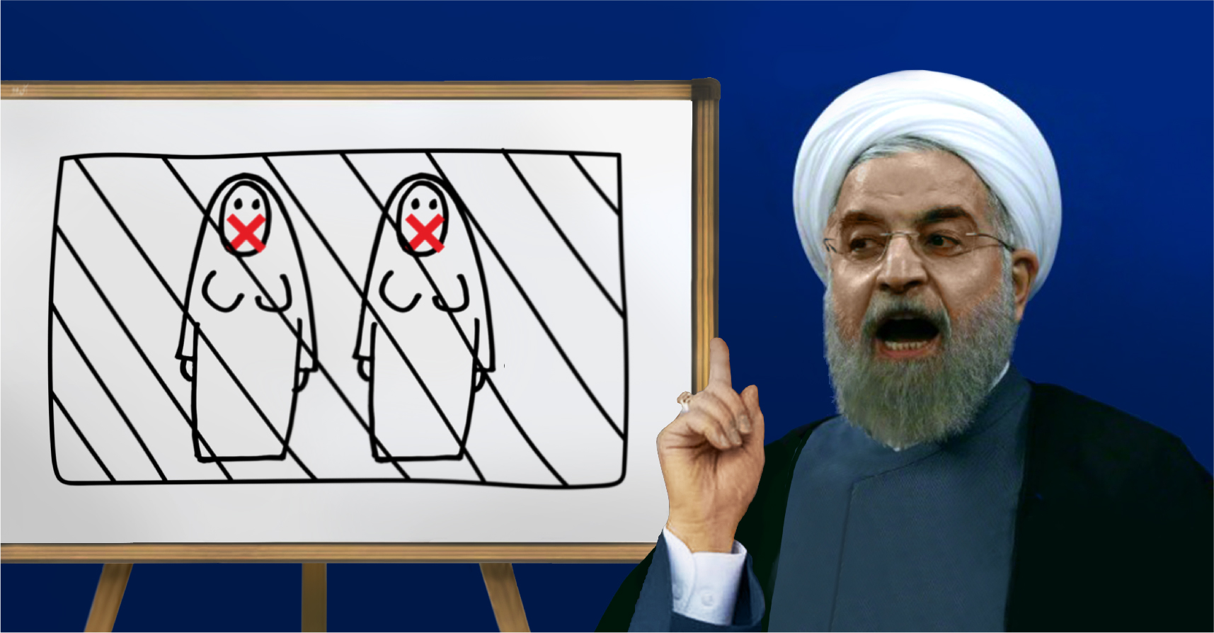 صورة روحاني يعين امرأتين في حكومته شرط أن تقرّا بيتيهما ولا تتكلمان إلا من وراء حجاب وبإذنه